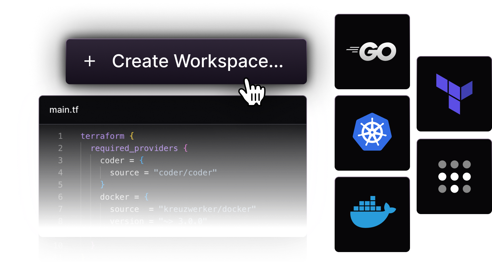 A button labeled "Create Workspace", a file named "main.tf" opened with Coder configuration, and a list of technologies compatible with Coder, including Terraform, Kubernetes, Docker, and others.