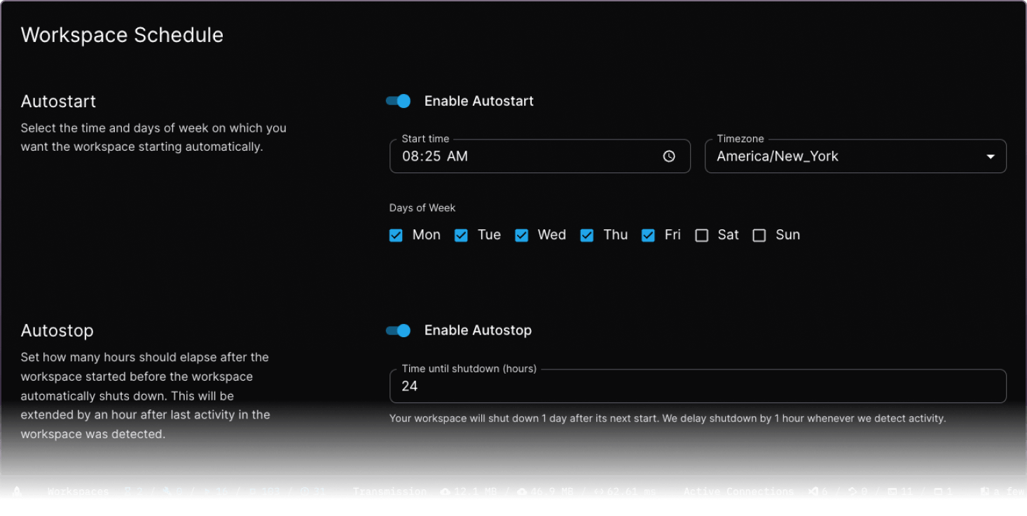 Coder workspace scheduling interface for configuring automatic start and stop times for workspaces