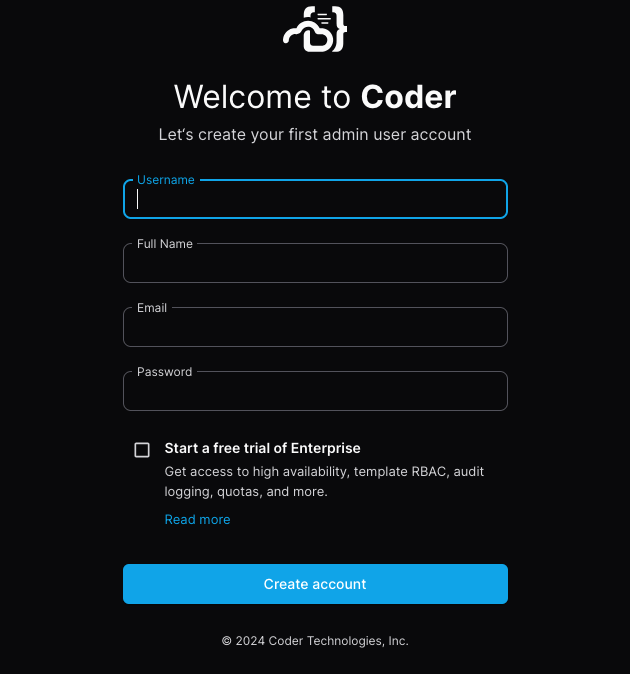 Welcome to Coder - Create admin user