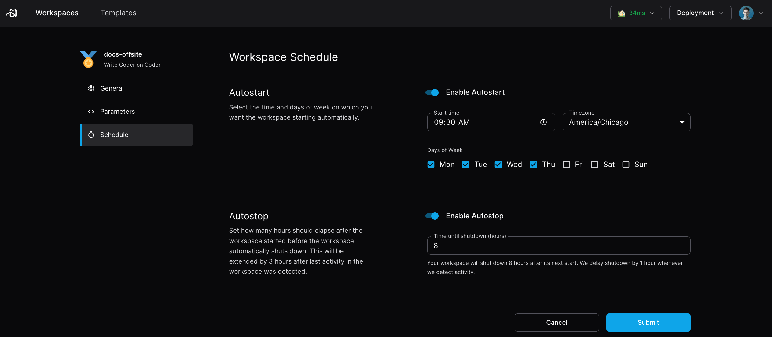 Workspace schedule settings