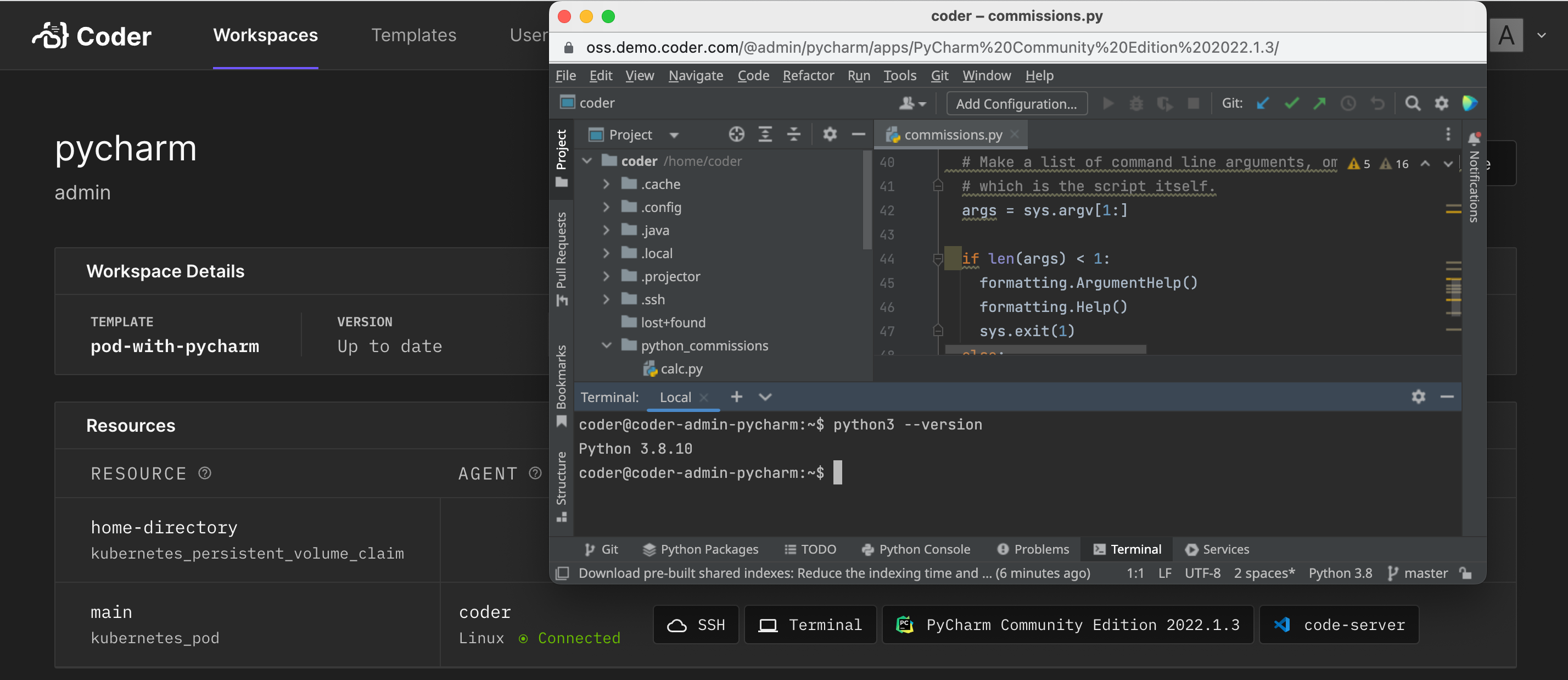 PyCharm in Coder