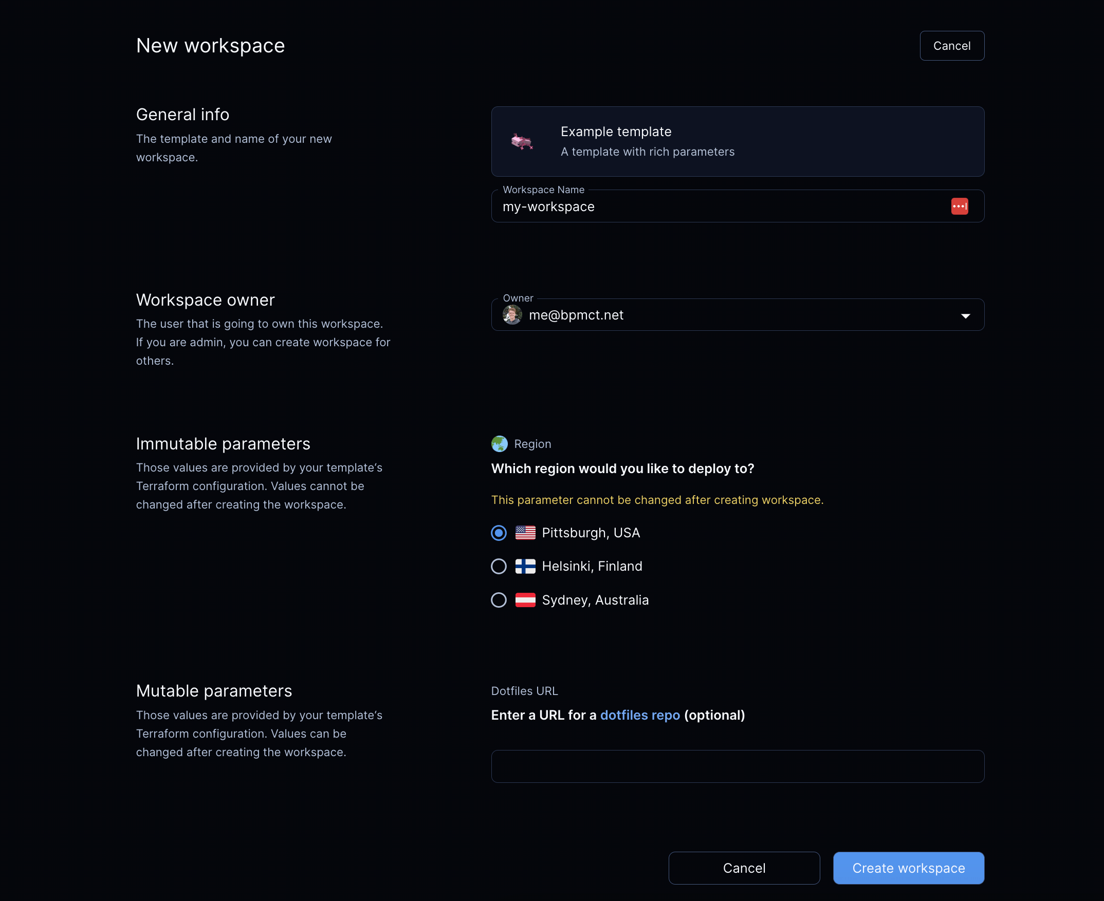 Parameters in Create Workspace screen