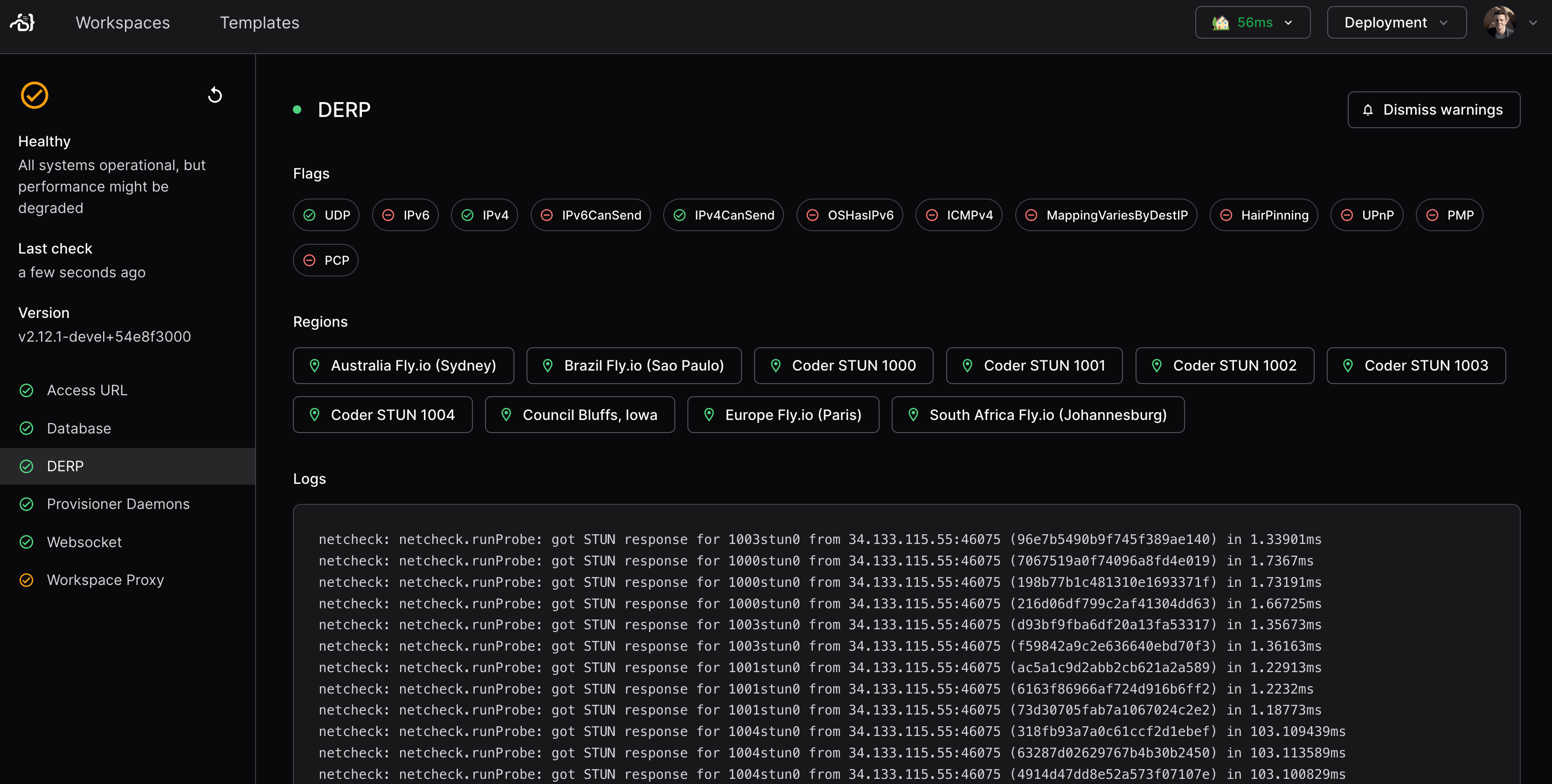 Health check in Coder Dashboard