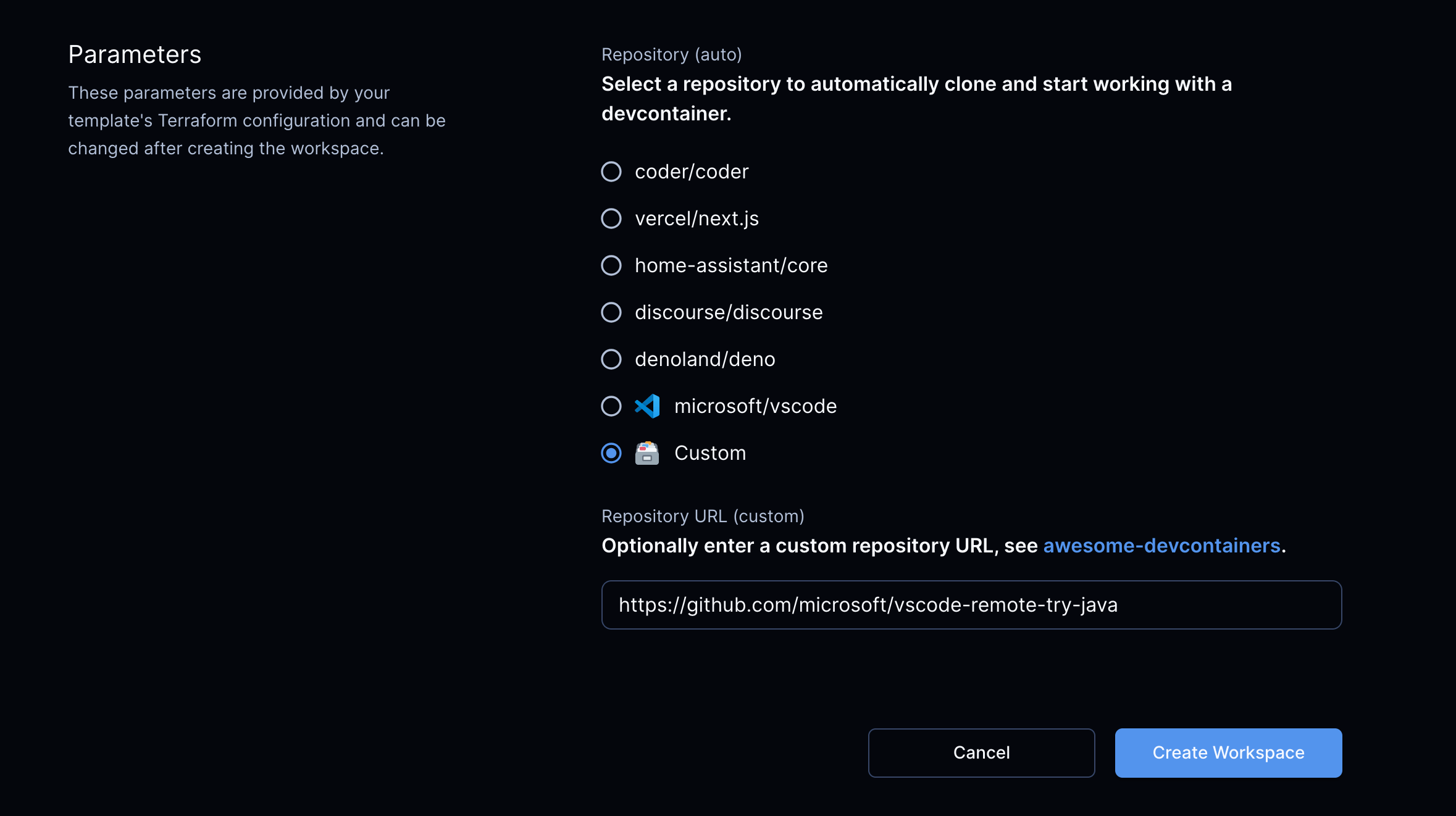 Devcontainer parameter screen