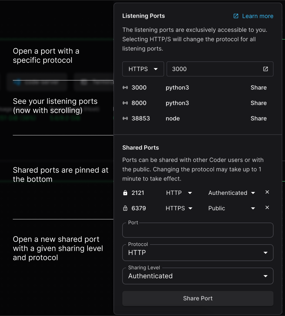 Annotated port controls in the UI