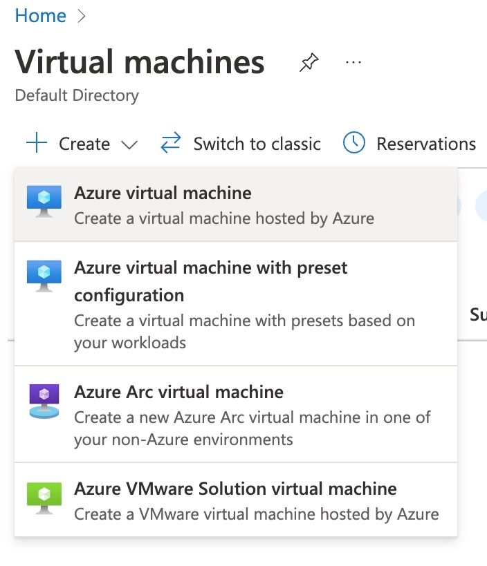 Azure VM creation page