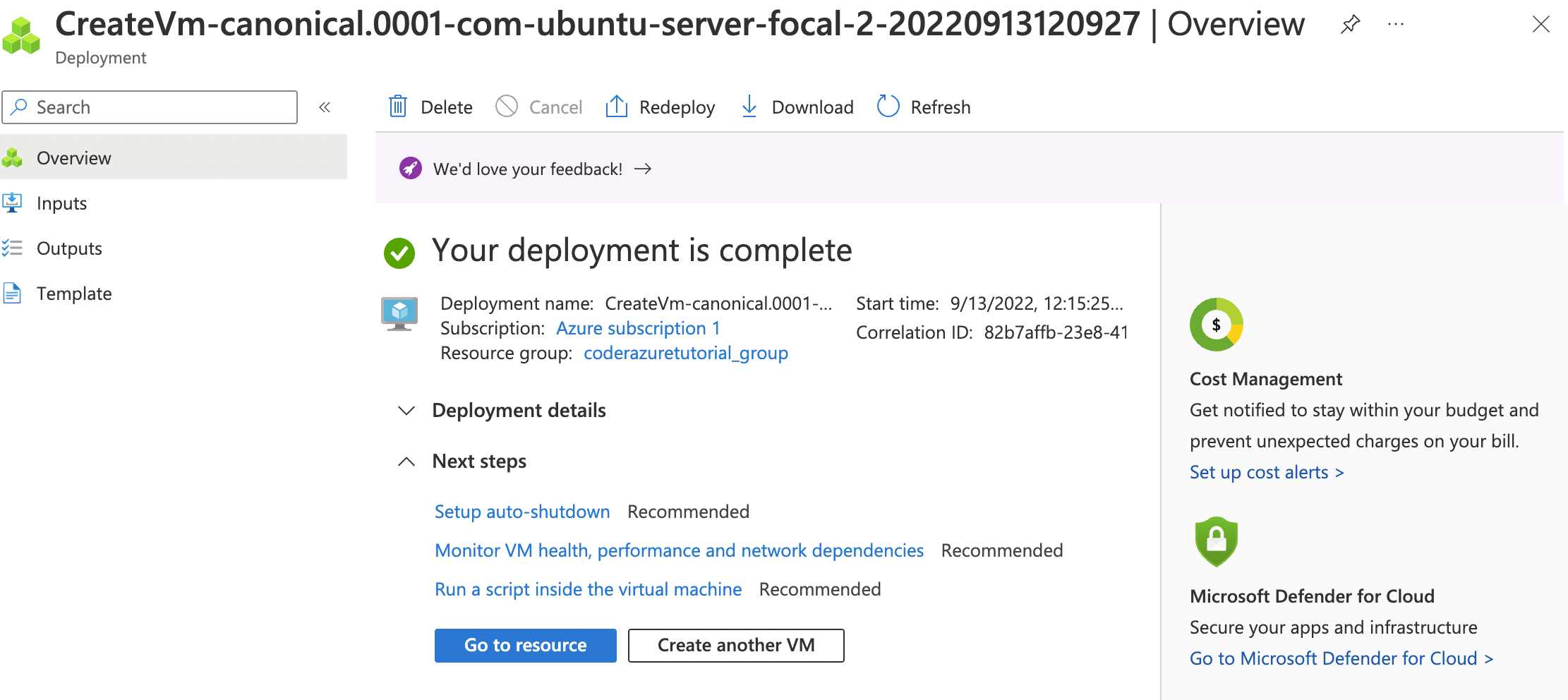 Azure VM deployment complete