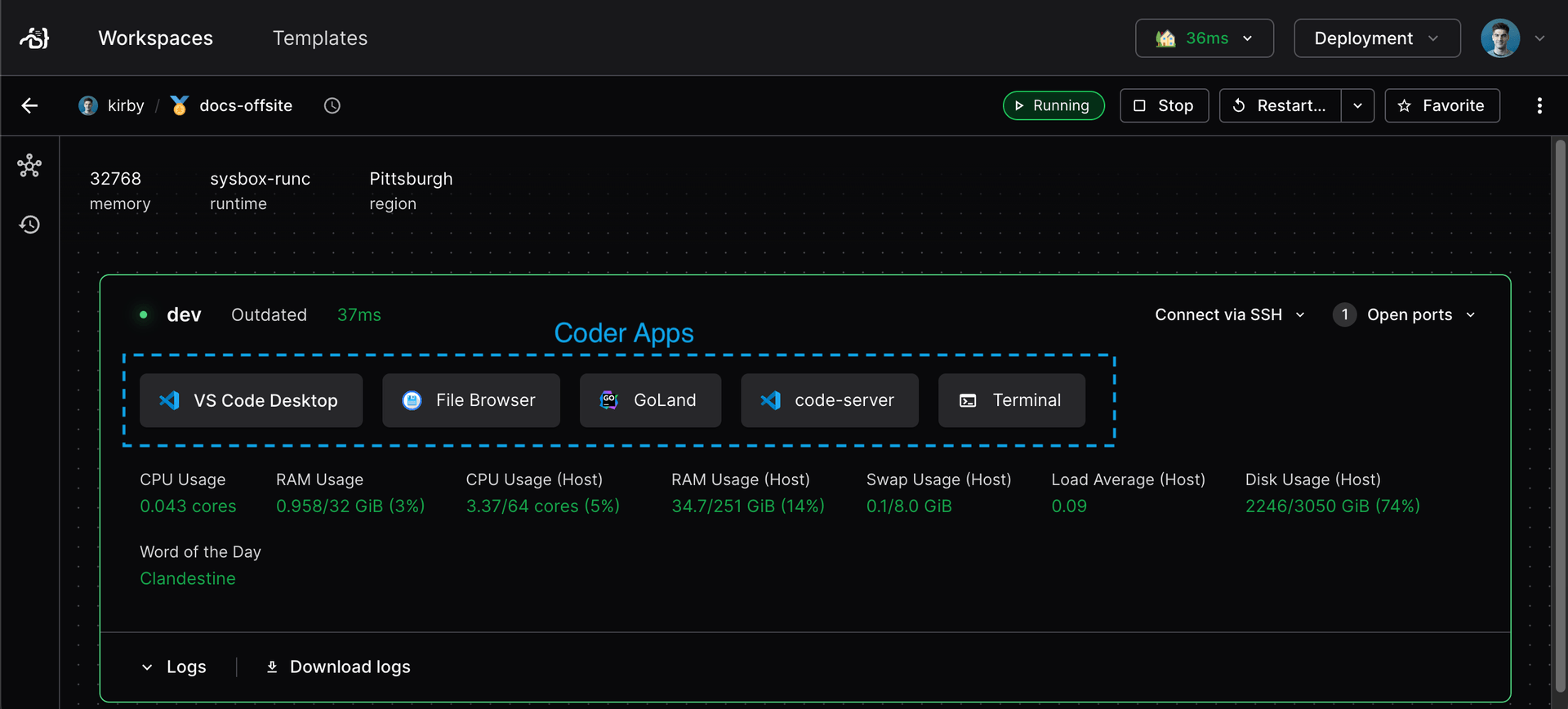 Coder Apps in the dashboard