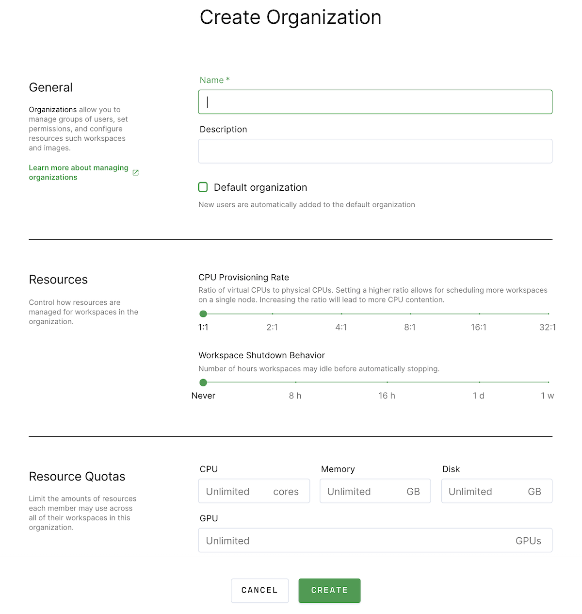 Create a new organization dialog