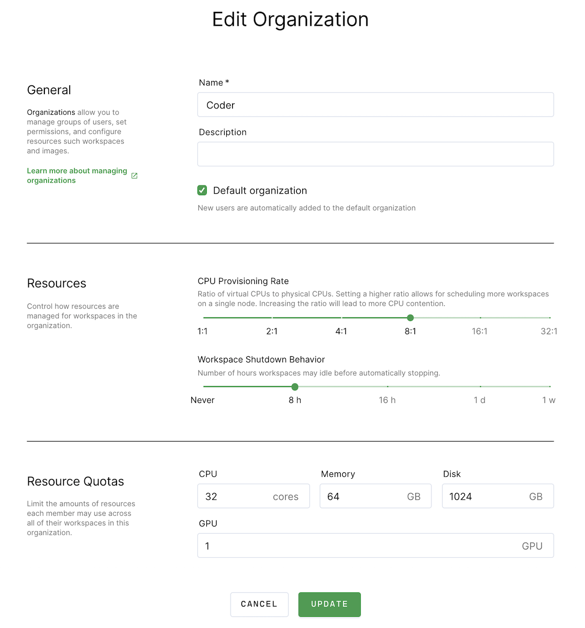Edit an organization dialog