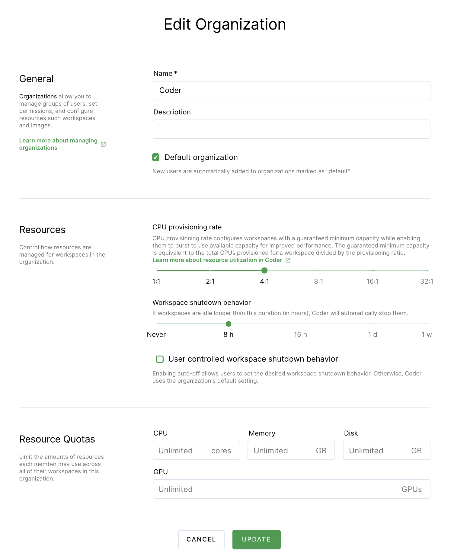 Edit an organization dialog