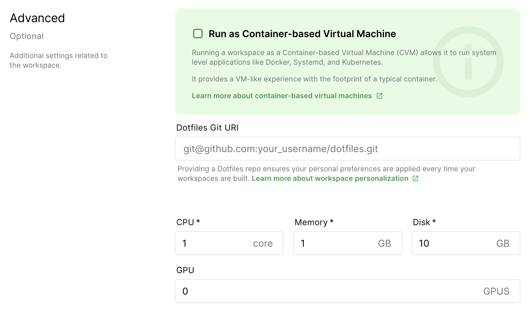 Workspace setup advanced settings