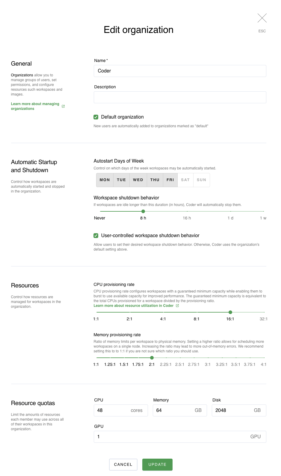 Edit an organization dialog