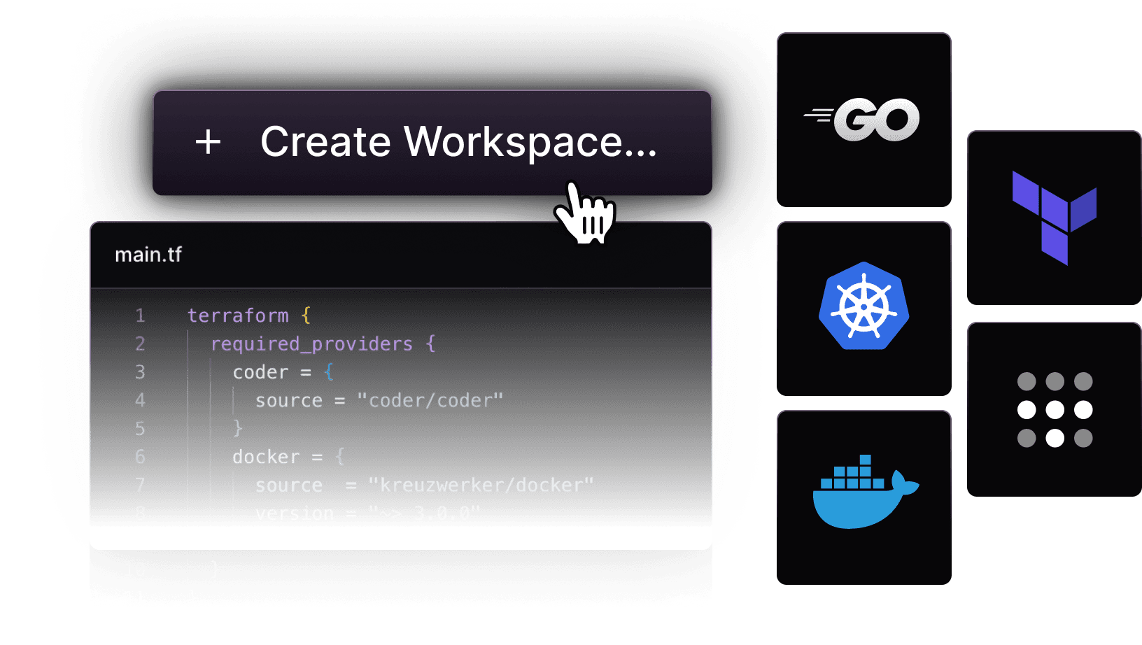 A button labeled "Create Workspace", a file named "main.tf" opened with Coder configuration, and a list of technologies compatible with Coder, including Terraform, Kubernetes, Docker, and others.