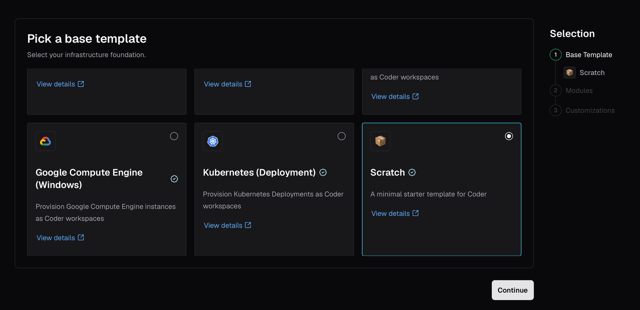 Template builder base selection step