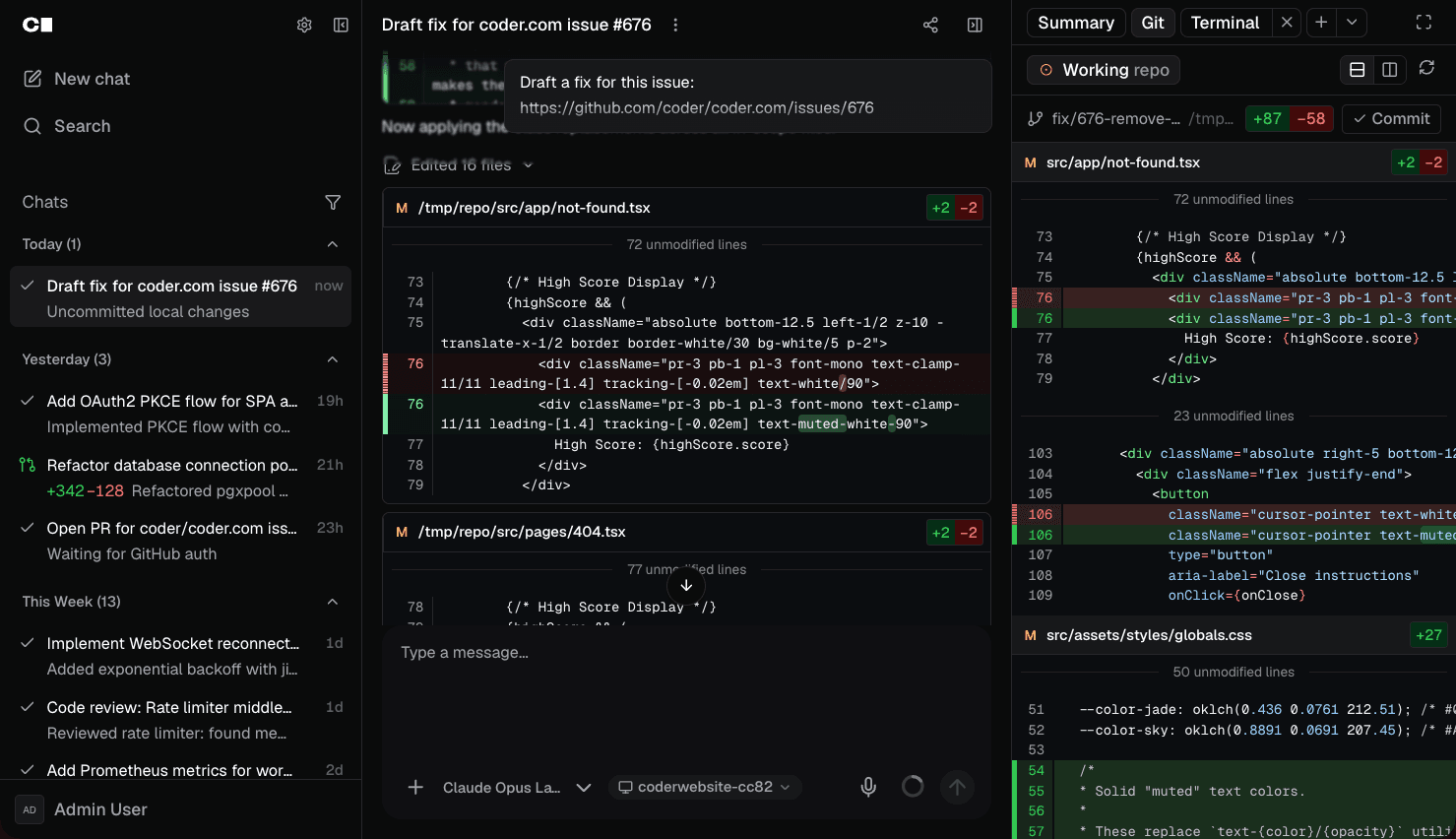 Coder Agents chat interface with git diff sidebar