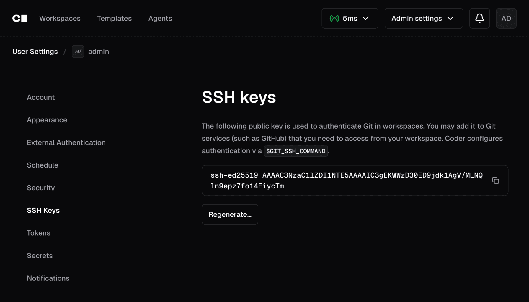 SSH keys in account settings