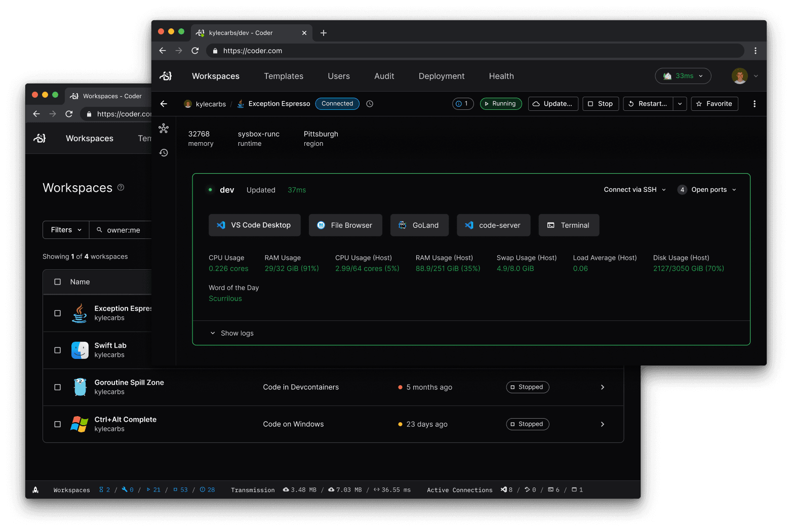 Screenshots of Coder workspaces and connections