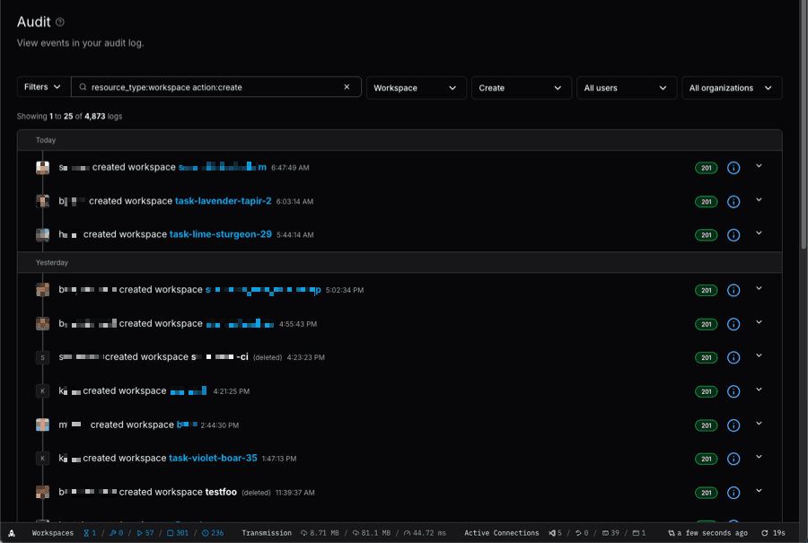 Coder administrators and auditor roles can review how users are interacting with their Coder Workspaces and Templates.