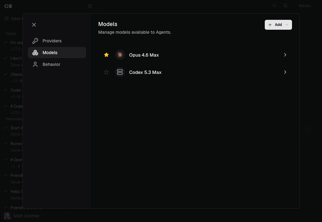 Screenshot of the models list in the Agents settings