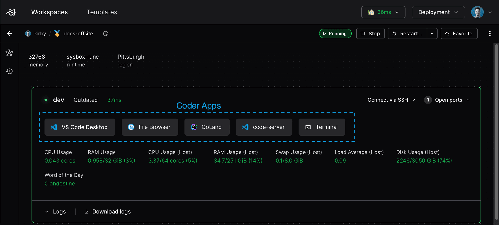 Coder Apps in the dashboard