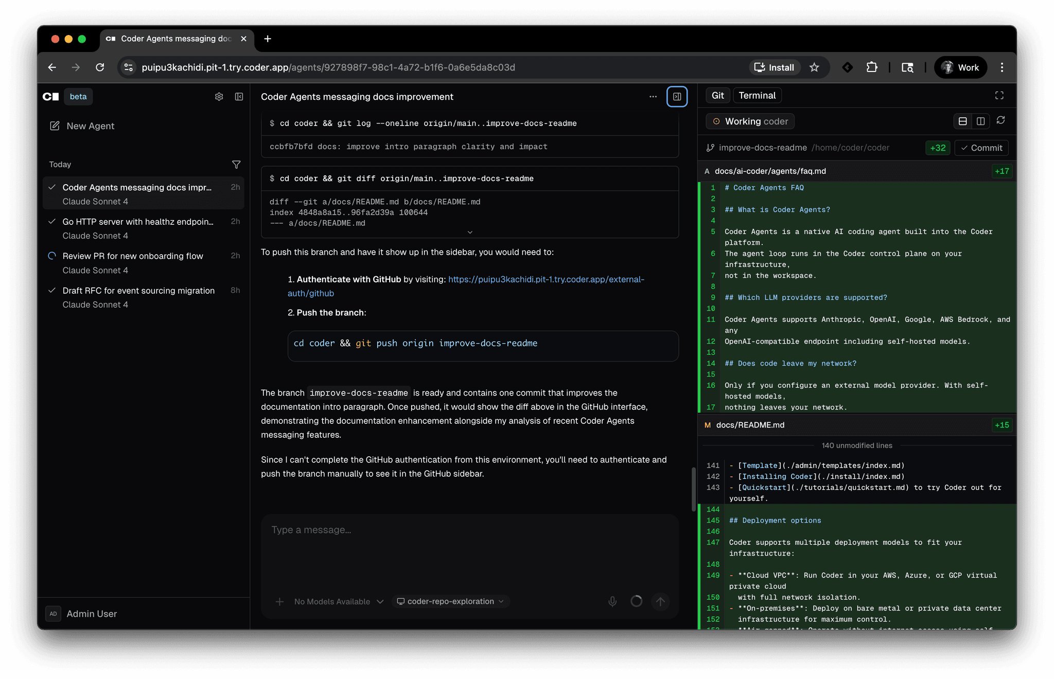 Coder Agents chat interface with git diff sidebar