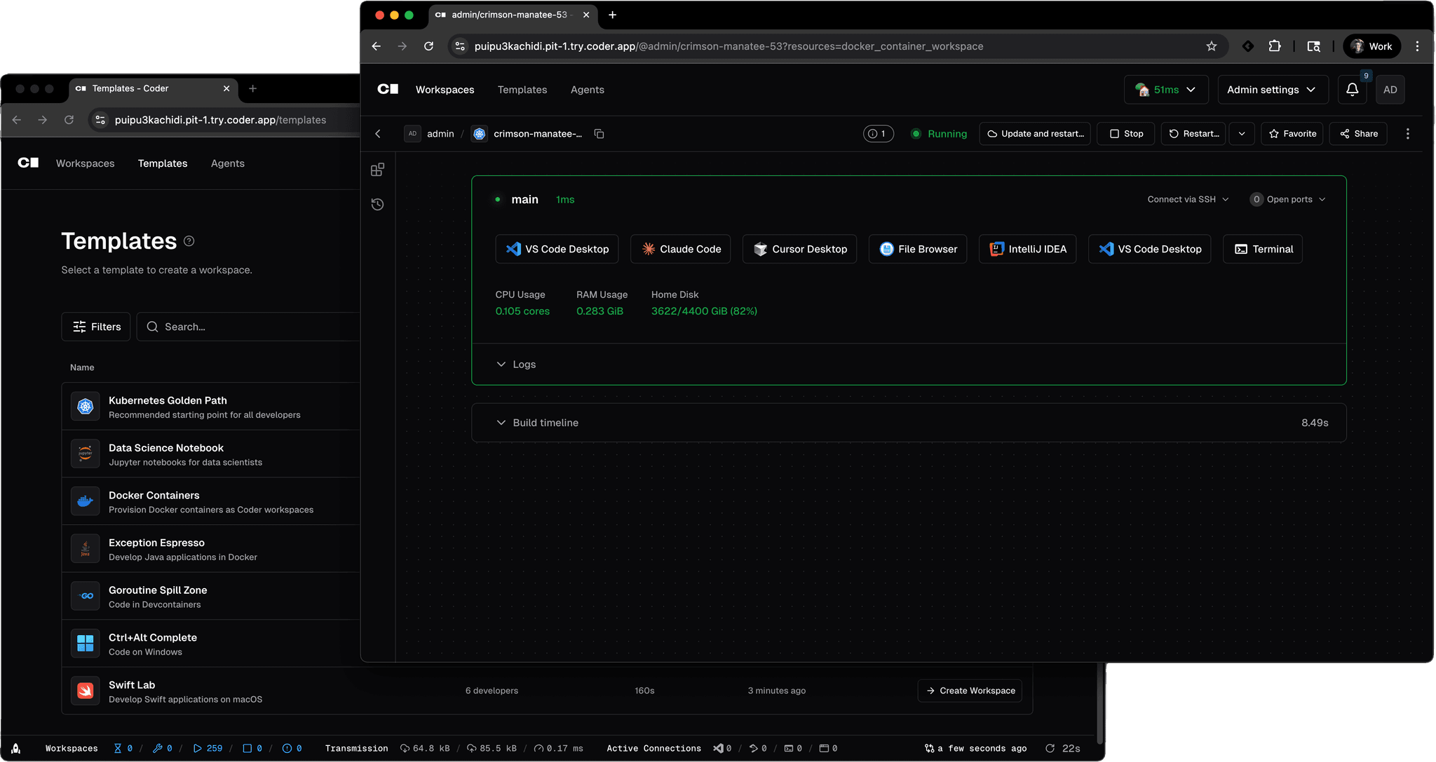 Coder platform showing templates and a running workspace