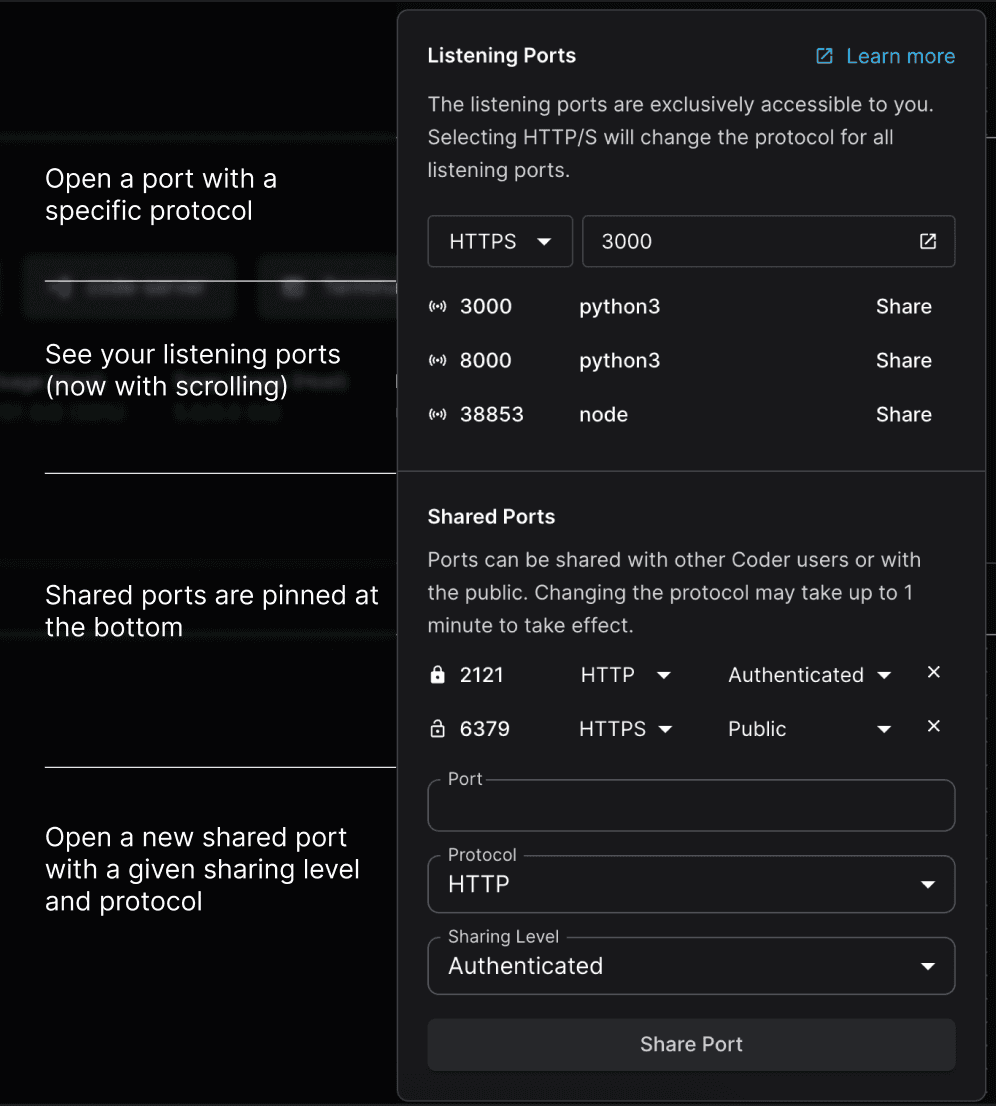 Annotated port controls in the UI