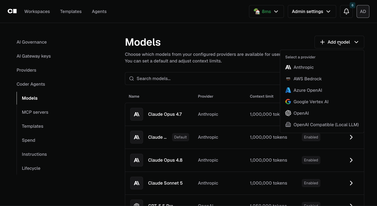 Screenshot of the models list in the Agents settings