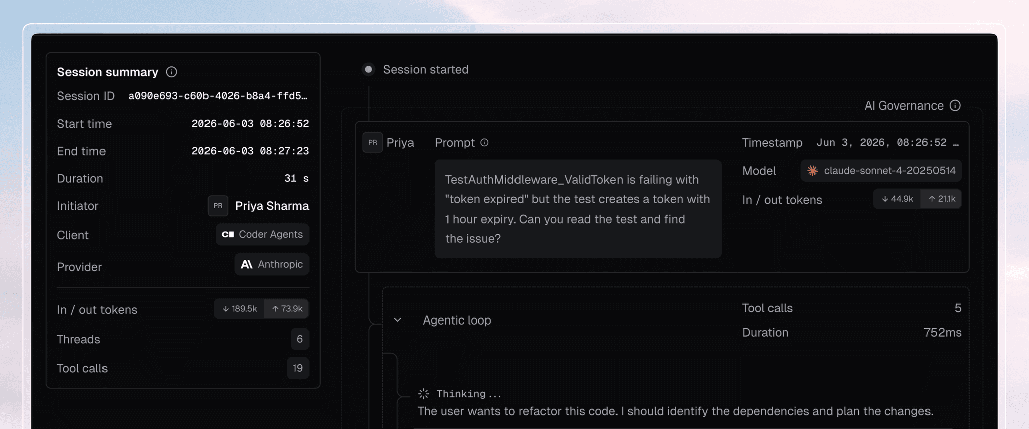 Coder Agents session summary with AI governance