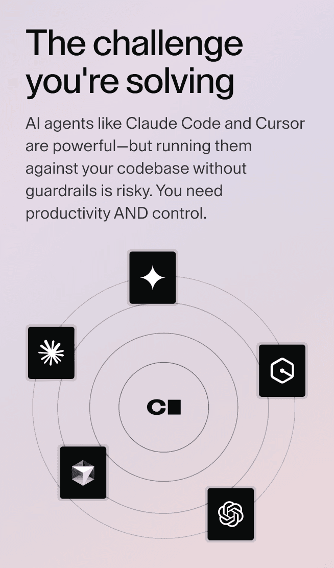 The challenge you're solving: AI agents like Claude Code and Cursor are powerful—but running them against your codebase without guardrails is risky. You need productivity AND control.