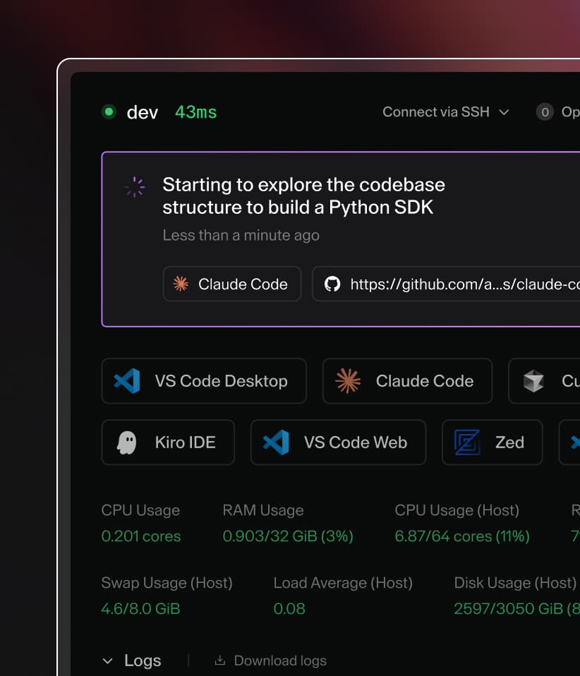 Coder workspace UI, highlighting an instance of Claude Code with the status 'Starting to explore the codebase structure to build a Python SDK'