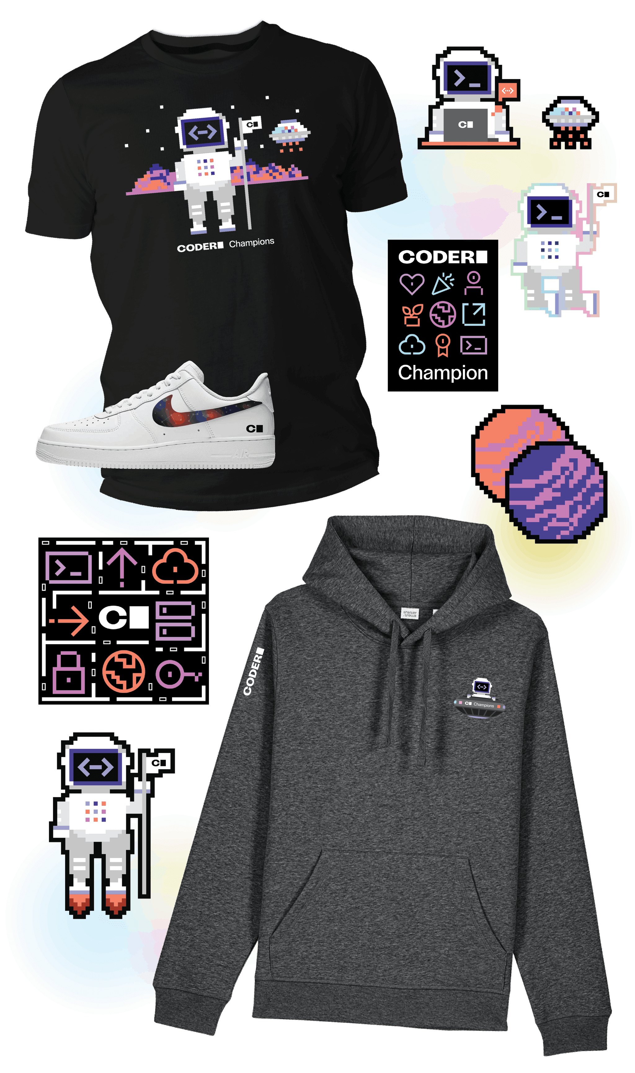 Branded Coder Champions swag, including a black graphic tee, Nike Air Force 1s, a grey hoodie, and various stickers. Some stickers depict an astronaut, a UFO, and planets.