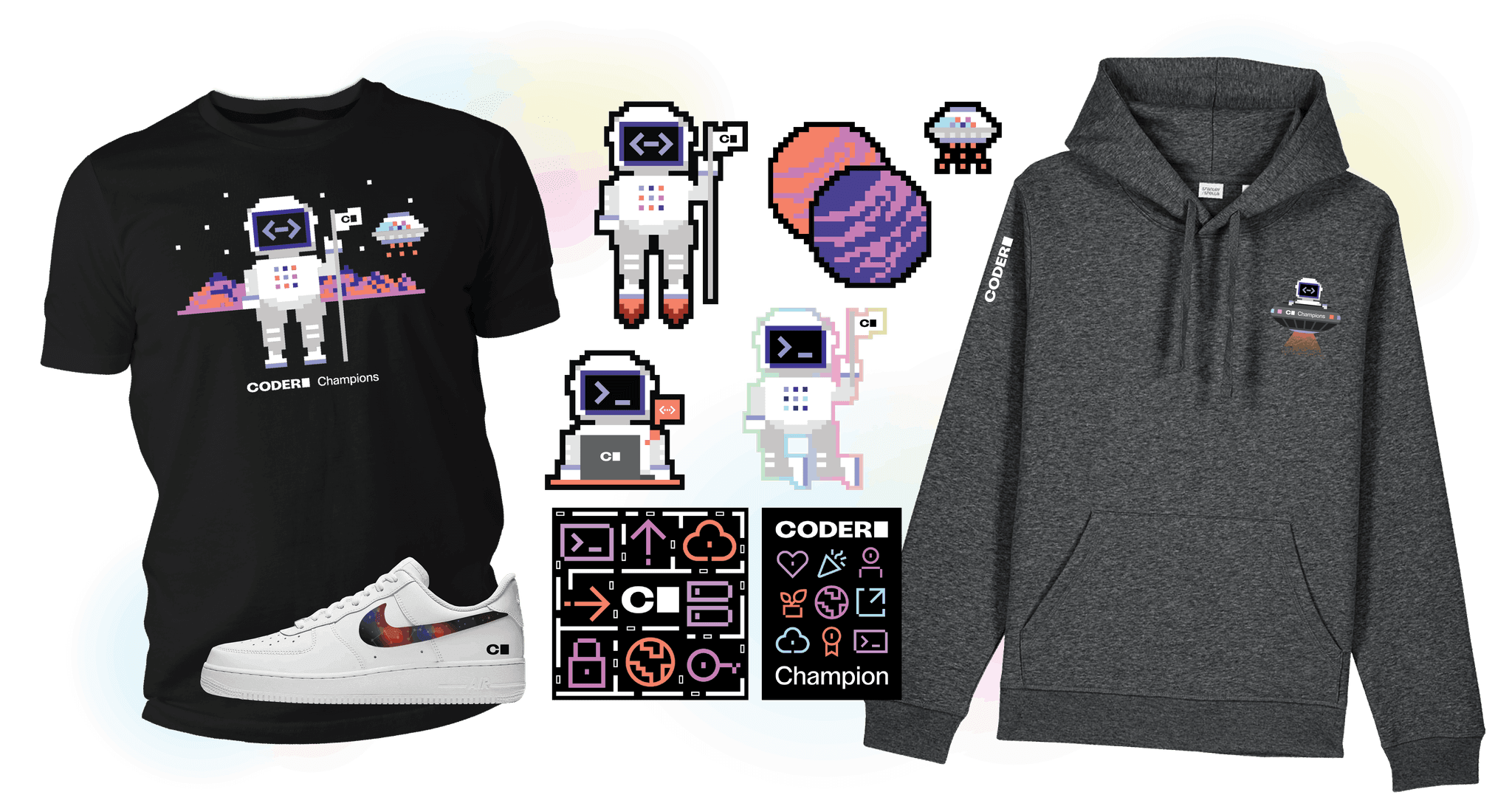 Branded Coder Champions swag, including a black graphic tee, Nike Air Force 1s, a grey hoodie, and various stickers. Some stickers depict an astronaut, a UFO, and planets.