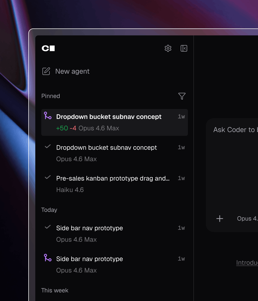 Coder Agents UI showing a list of AI agent tasks
