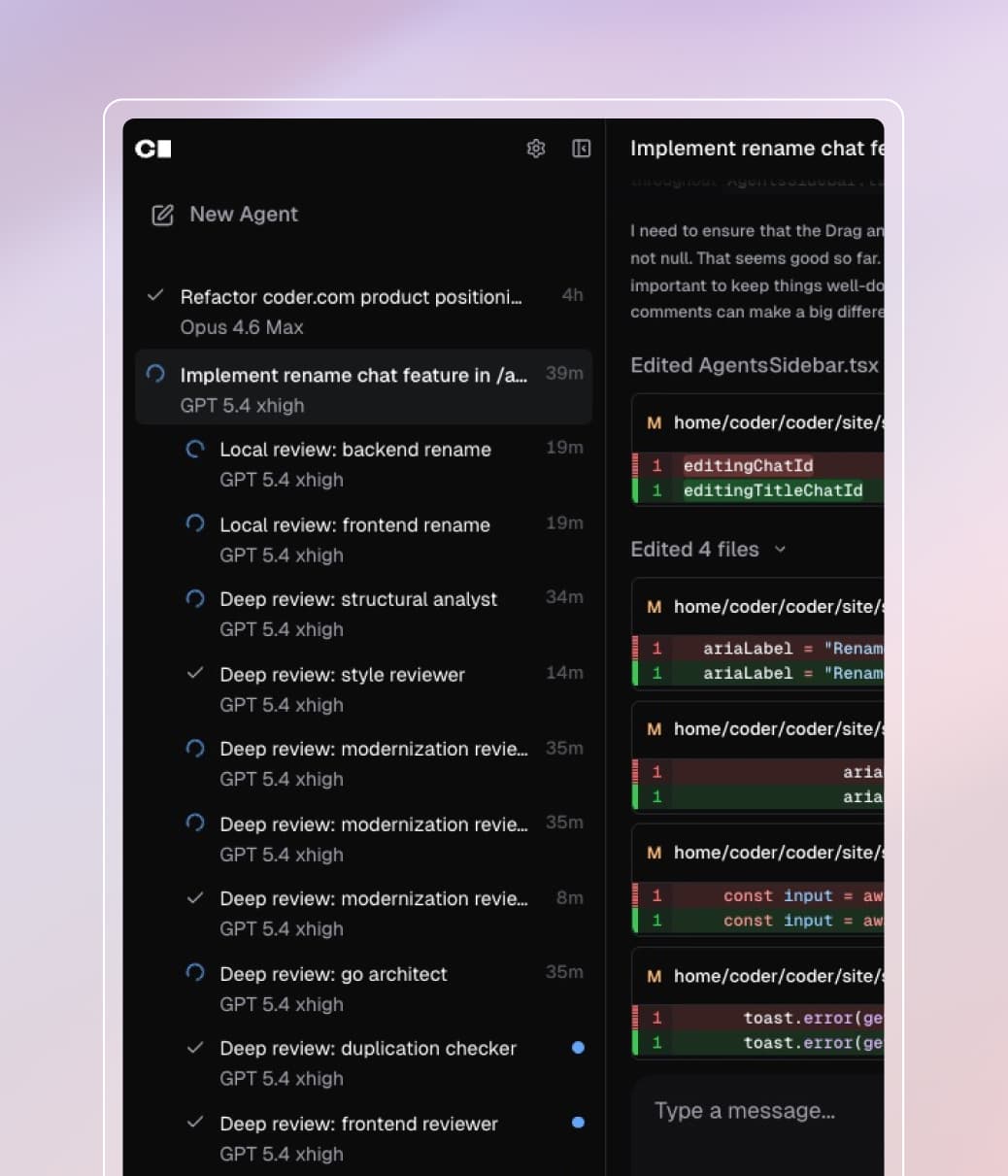 Coder Agents UI showing 2 agents' logs. One agent, using Opus 4.6 Max, is done with a task labeled "Refactor coder.com product positioini...". The selected agent, tasked with "Implement rename chat feature in /a...", has work in progress. Subtasks in the selected agent include local and deep review of both backend and frontend code.