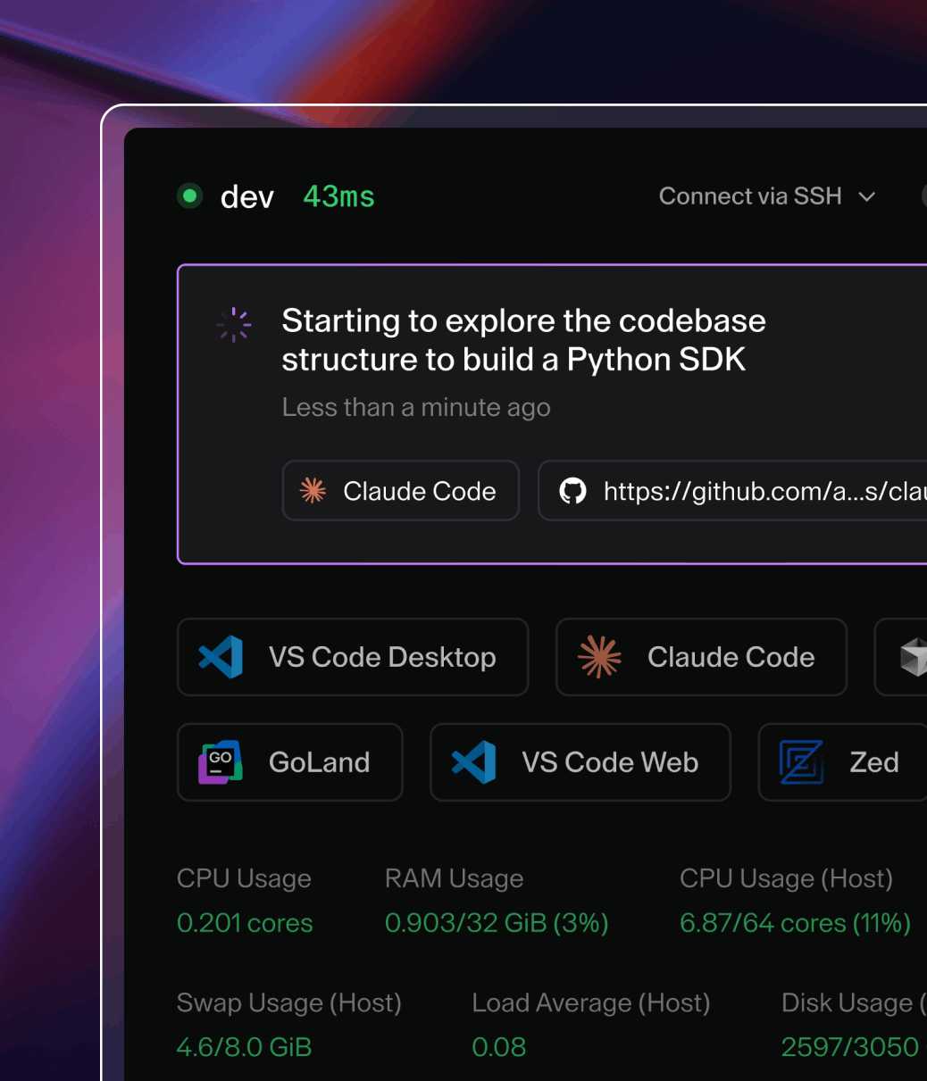 Coder Workspaces UI showing a workspace with IDE and terminal