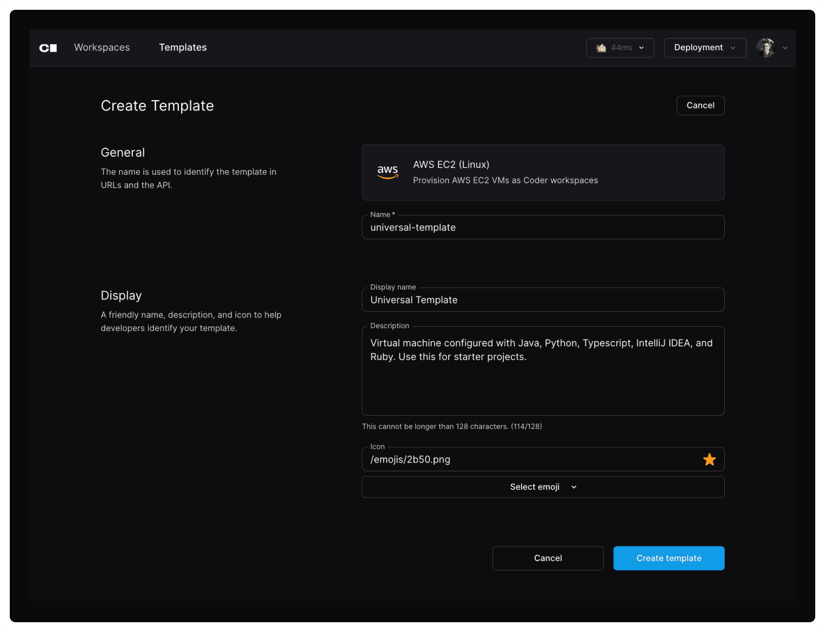 Screenshot of Coder's Create Template form. A template called Universal Template is being created, with the description 'Virtual machine configured with Java, Python, and Ruby. Use this for starter projects.'