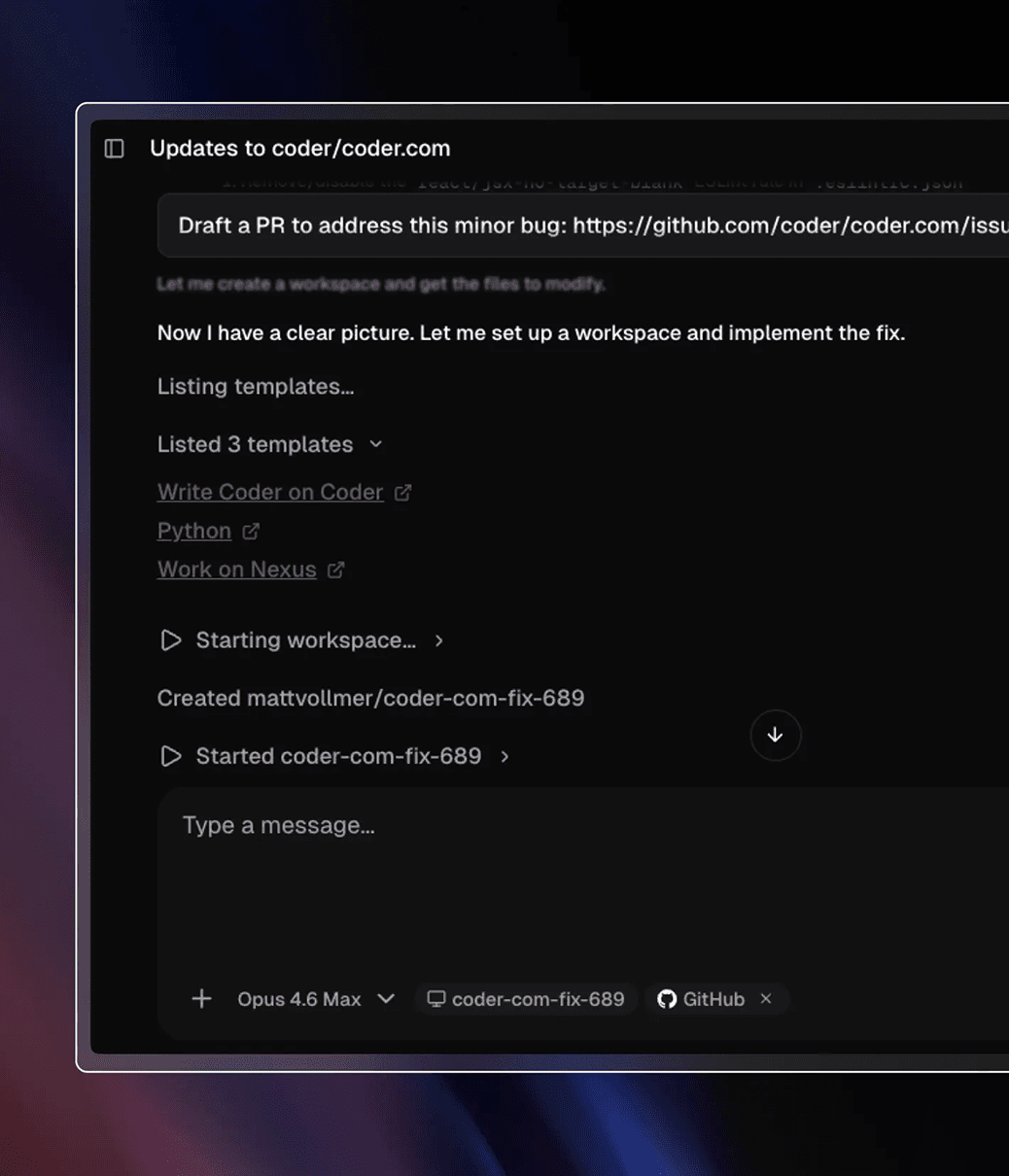 Screenshot of Coder Agents running a workspace