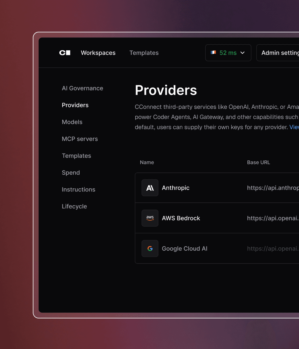 Screenshot of AI providers in the Coder workspace