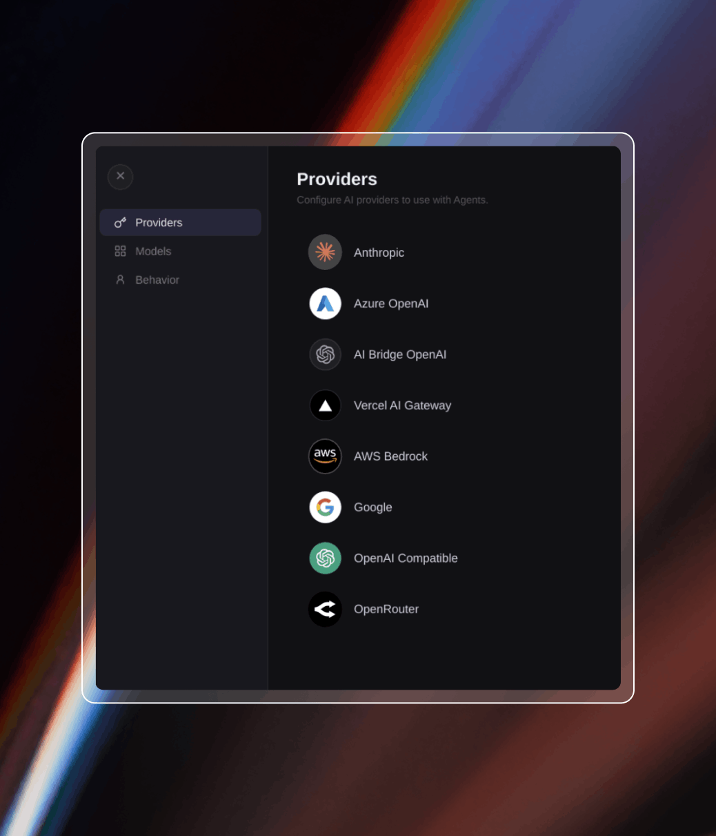 Screenshot of Providers in Coder, as well as Models and Behaviors