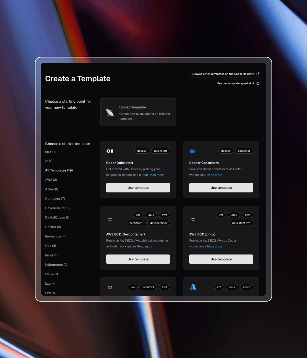 Coder Templates UI showing starter templates to select from or an option to upload a template