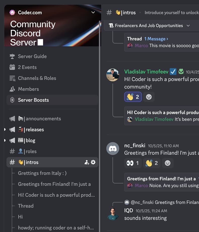Screenshot of the Coder community Discord server. The intros channel shows messages from new users in locations including Italy and Finland.