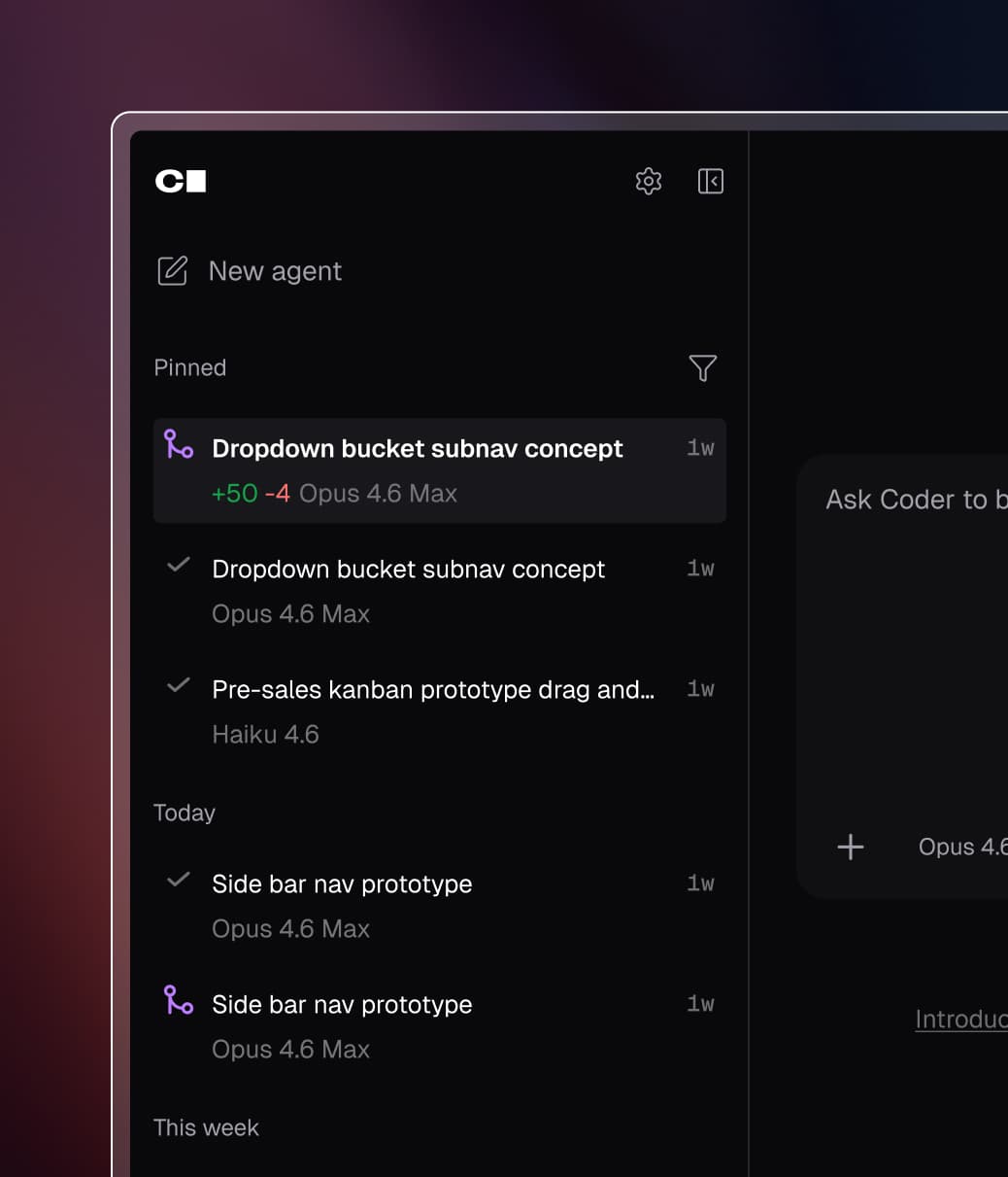 Coder Agents UI listing 5 different chats, including both Opus 4.6 Max and Haiku 4.6 models.