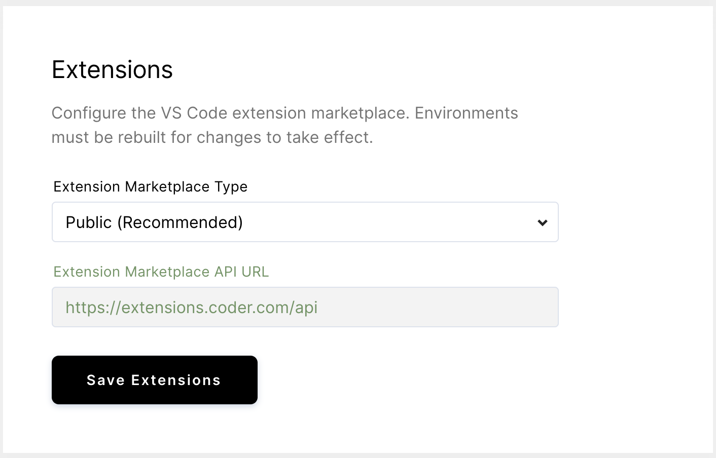 Configuring extensions marketplace