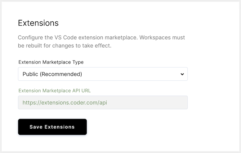 Configuring extensions marketplace