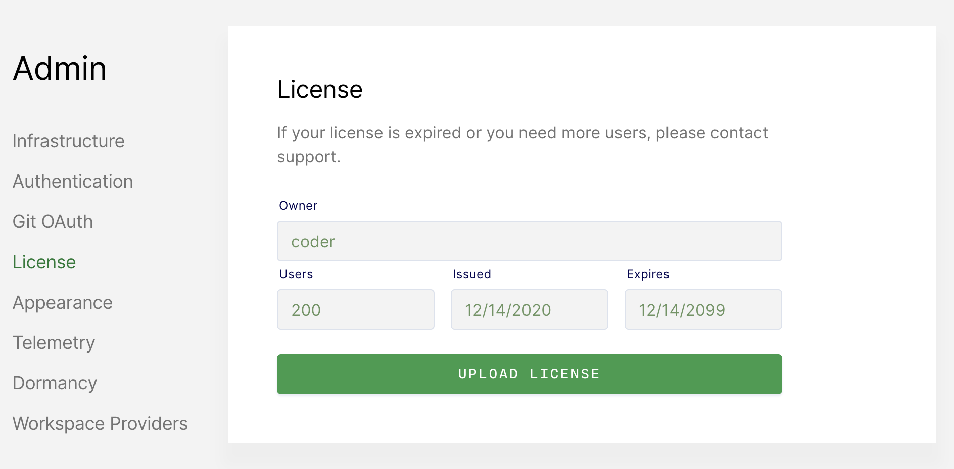 License configuration screen