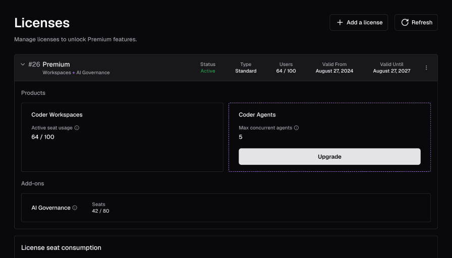 Licenses screen shows license information and seat consumption