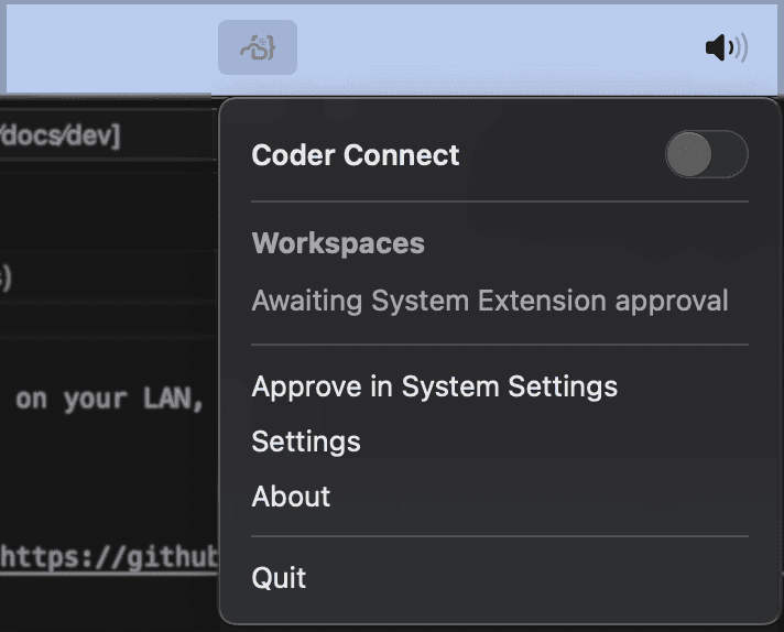 Coder Desktop menu before the user signs in