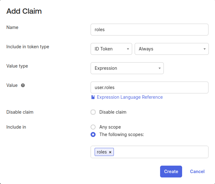 Okta Add Claim with Roles view